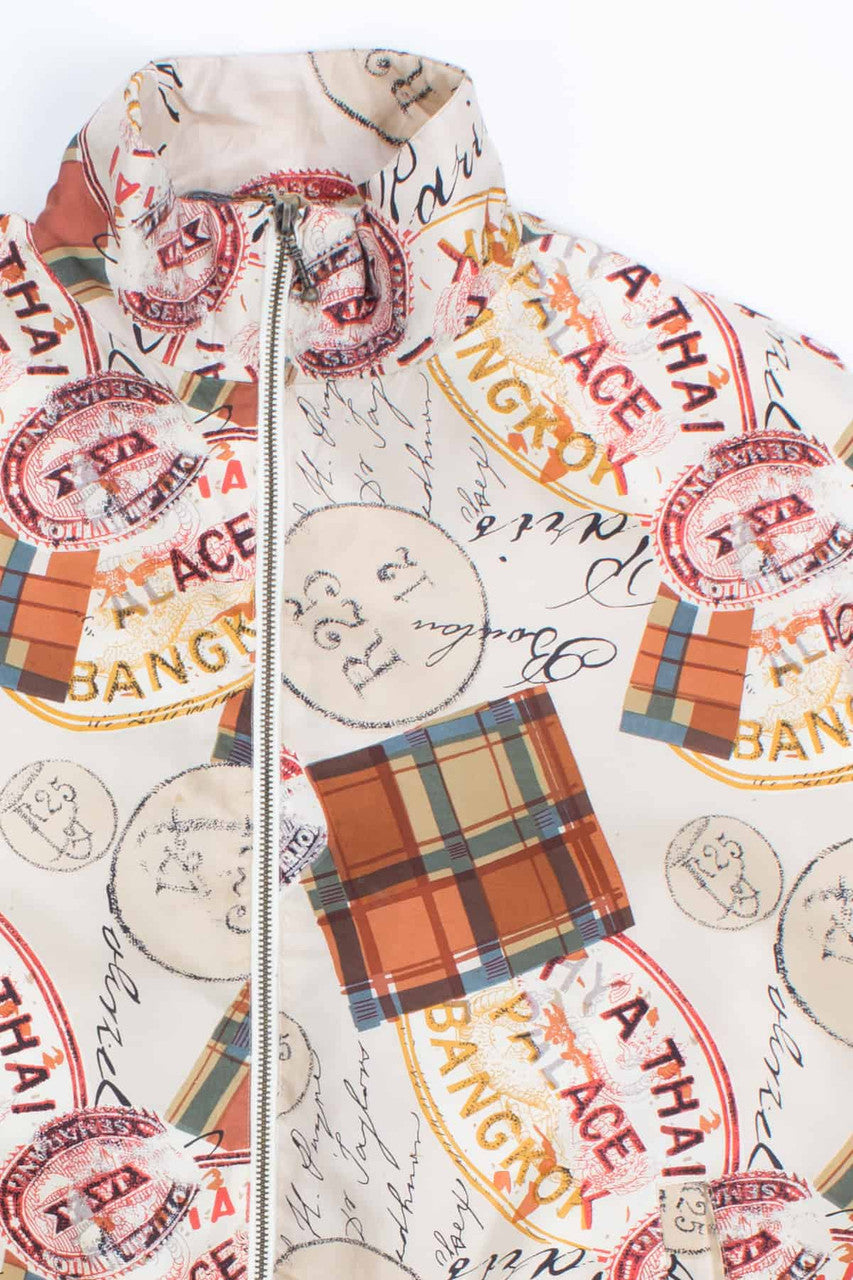 Stamps and Plaid Silk Vintage Bomber Jacket