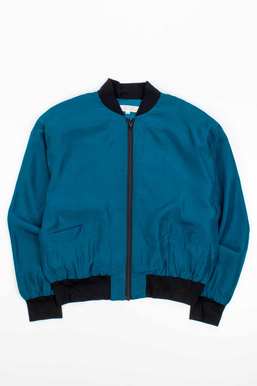 Vintage 90s Deep Teal Soft Silk Bomber Jacket