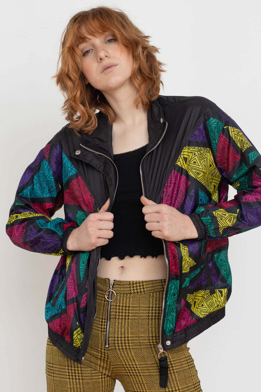 Black 90s Triangle Print Windbreaker
