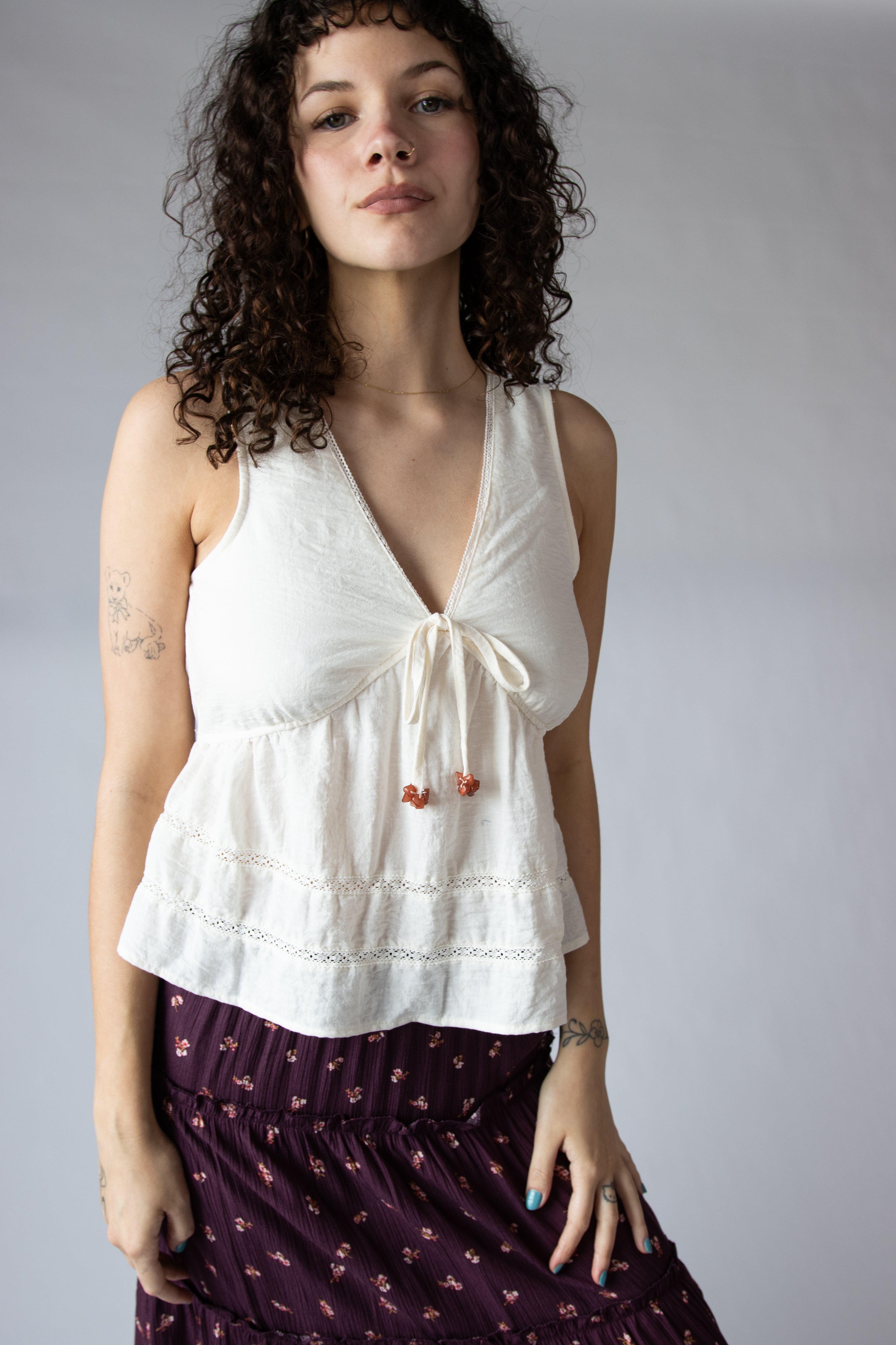 Lace Trim Beaded Tie Babydoll Tank Top