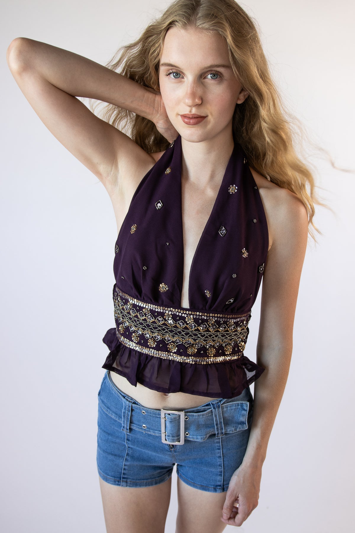 Beaded Halter Smock Waist Tank