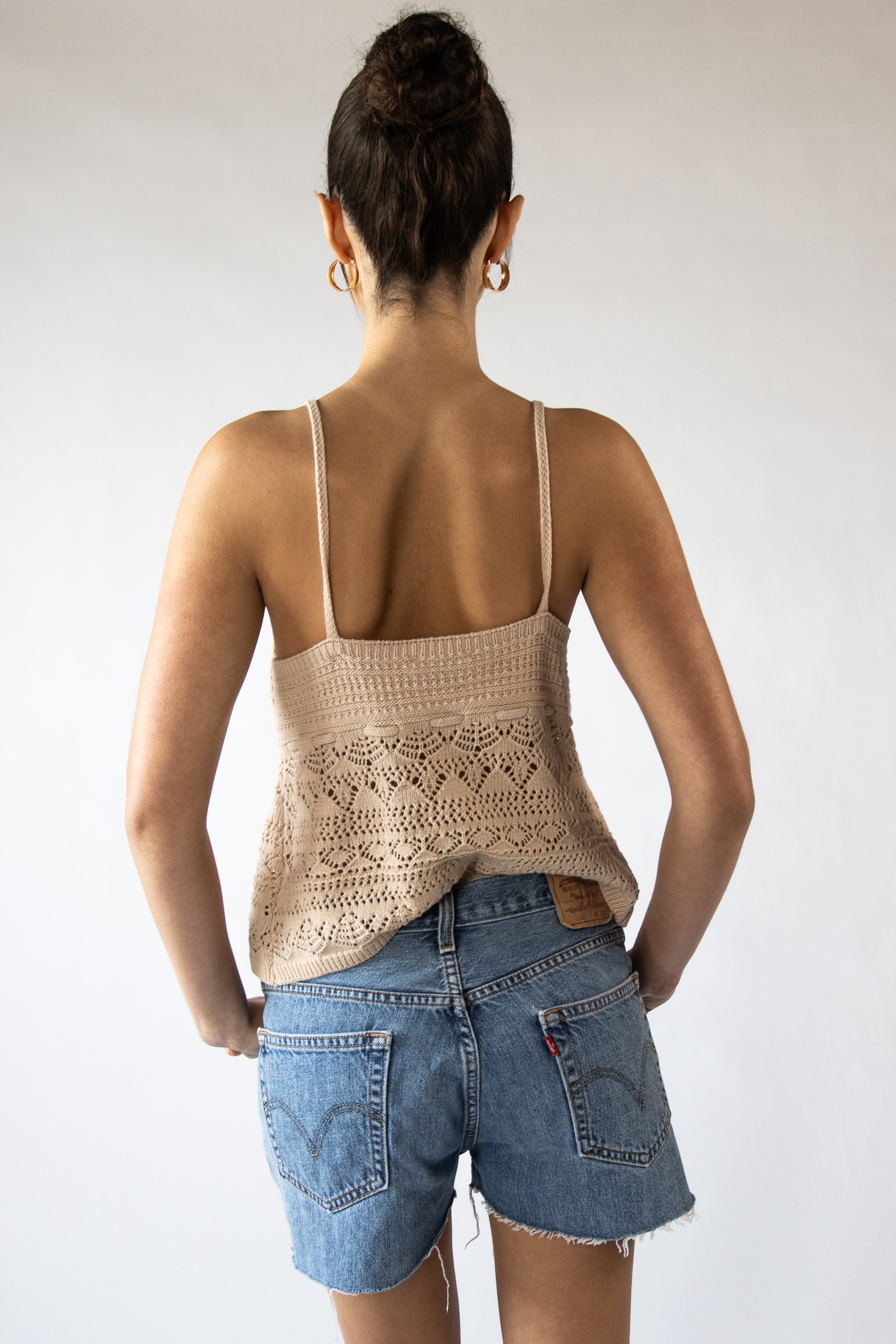 Beaded Straps Pointelle Knit Flyaway Tank Top