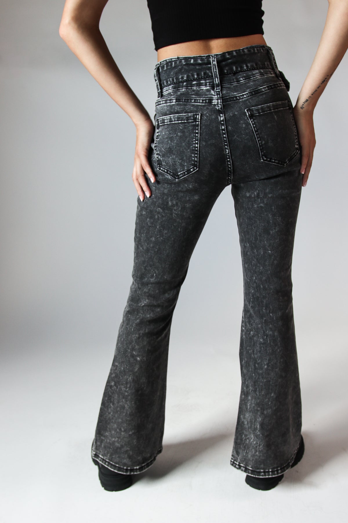 Belted Flare Black Acid Wash
