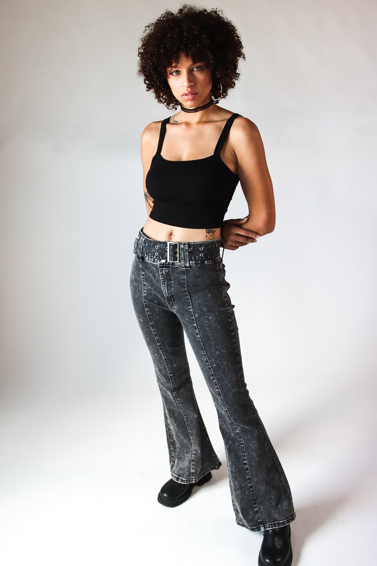 Belted Flare Black Acid Wash