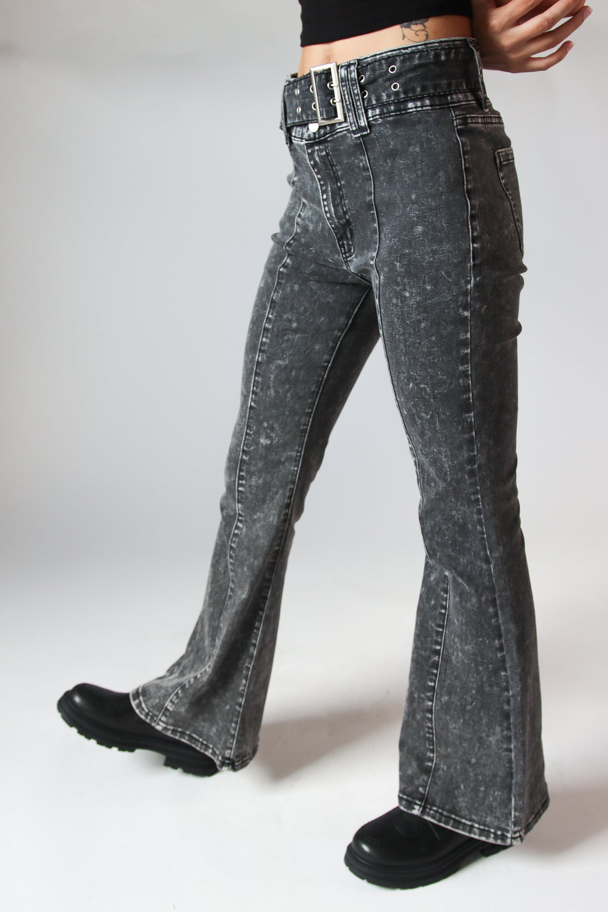 Belted Flare Black Acid Wash