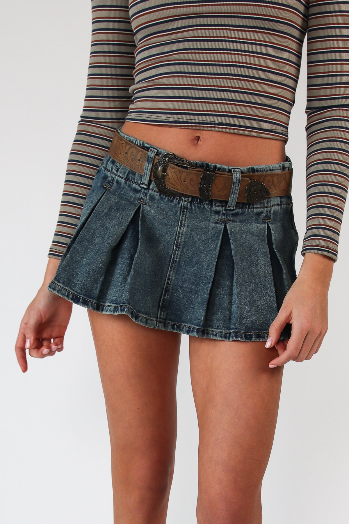 Western Belt Denim Pleated Mini Skort
