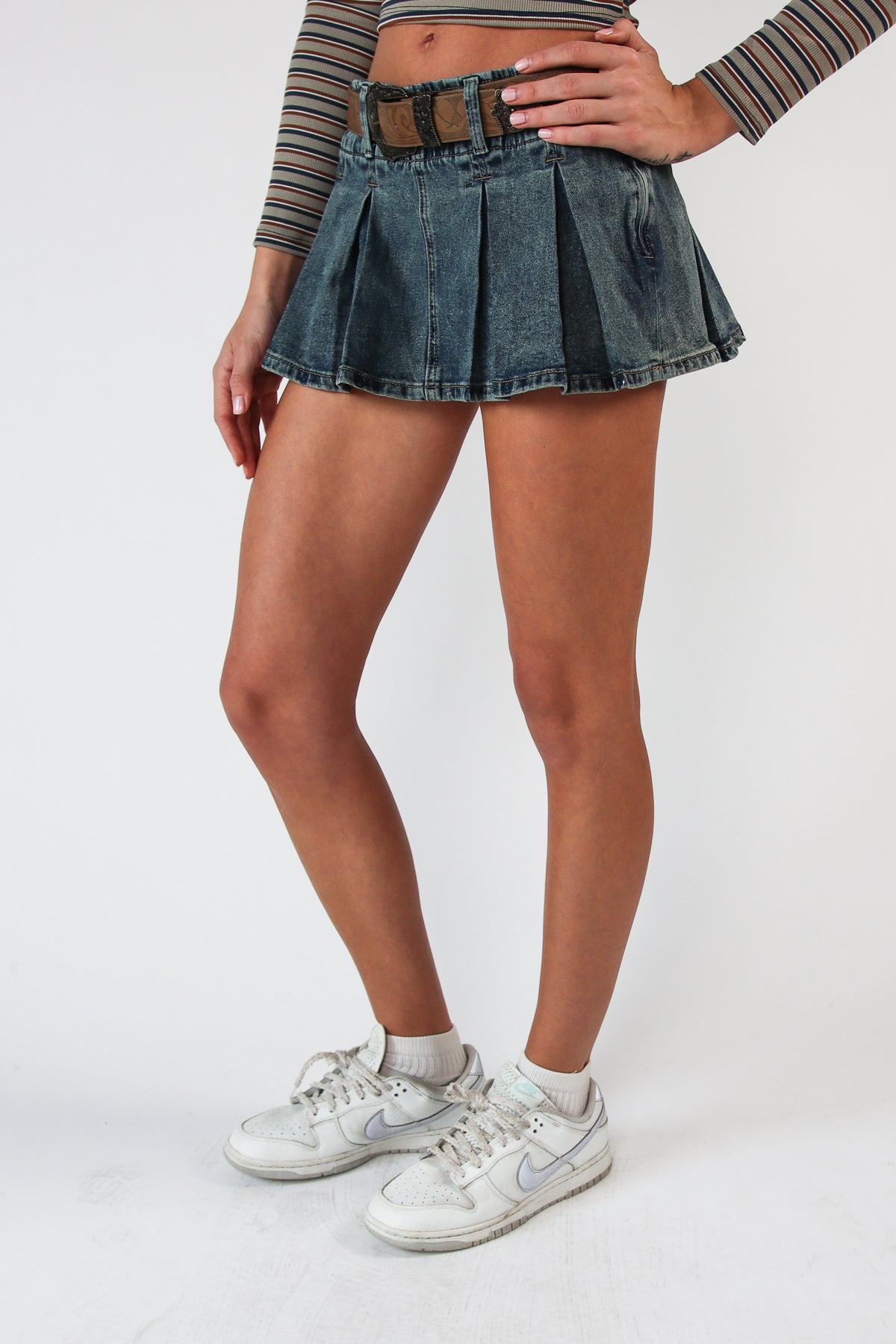 Western Belt Denim Pleated Mini Skort