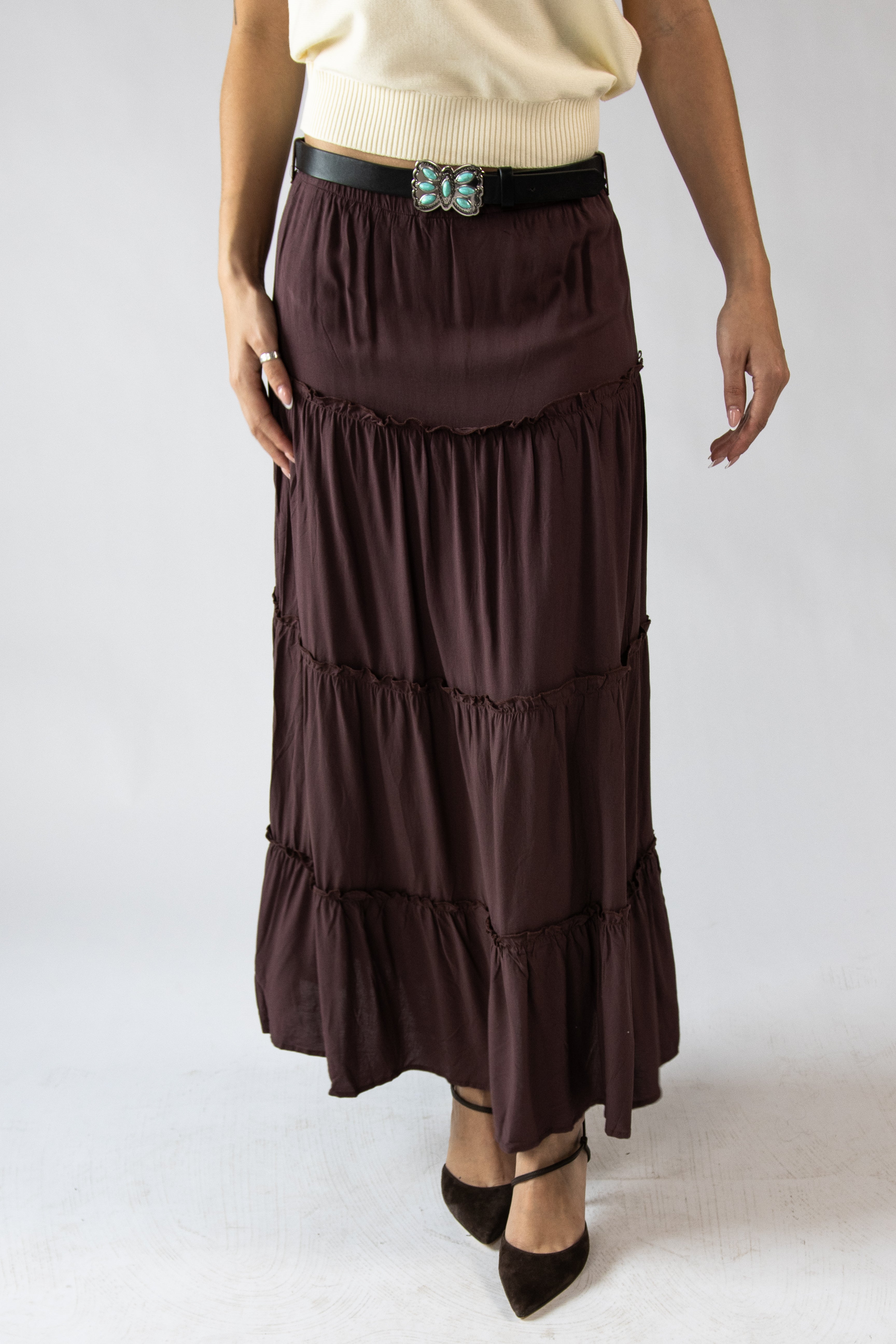 Belted Tiered Maxi Skirt