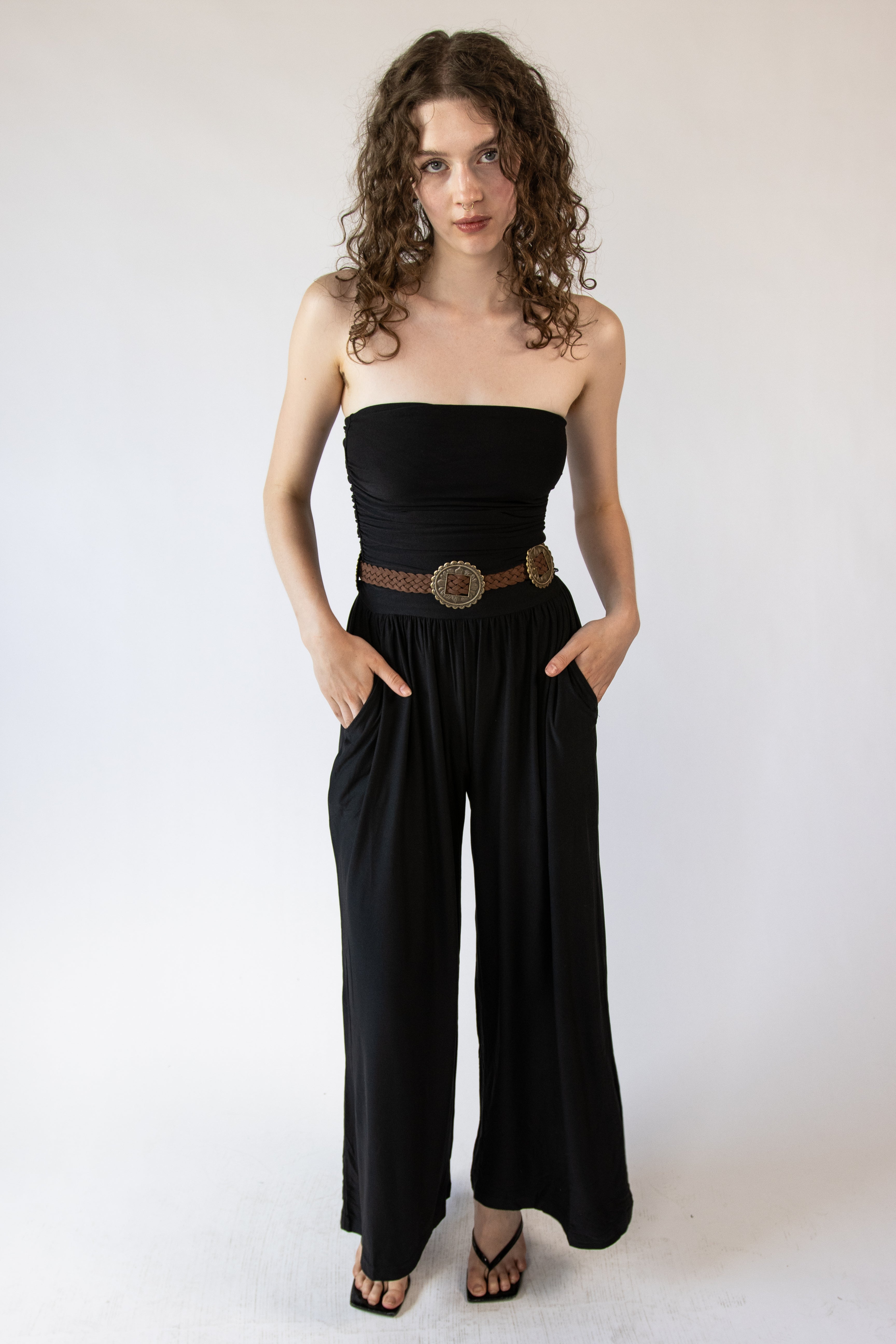 Belted Tube Top Wide Leg Jumpsuit