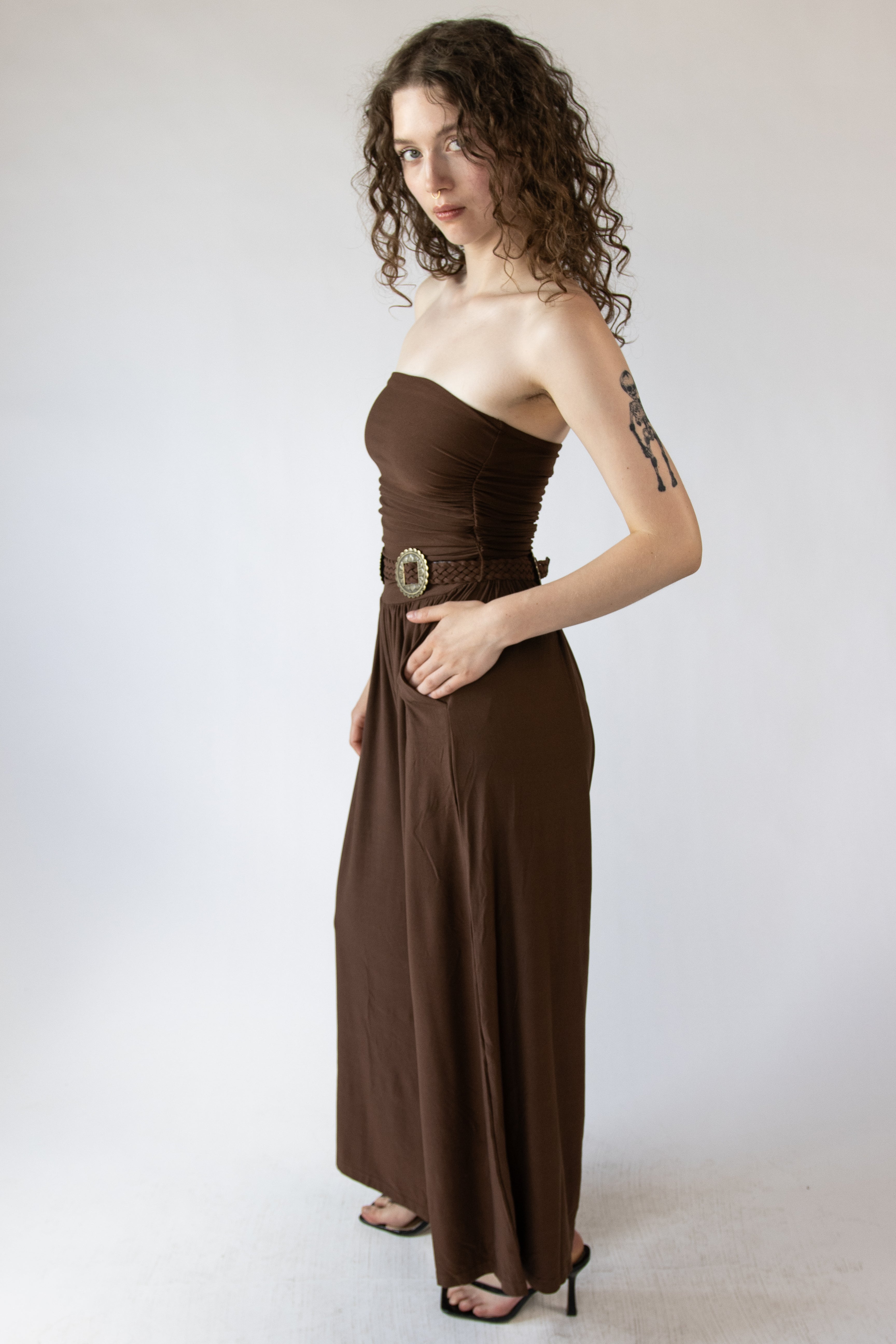Belted Tube Top Wide Leg Jumpsuit