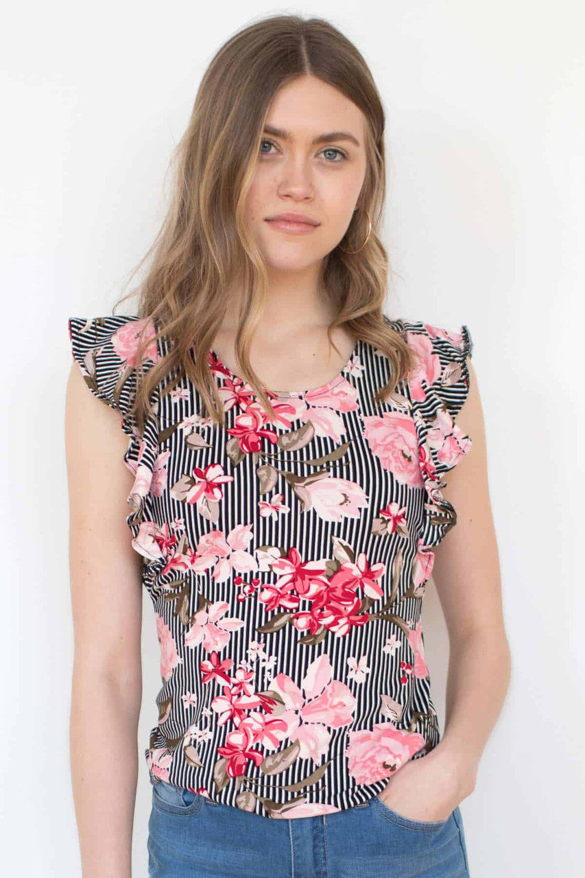 Black Floral Striped Ruffle Tank