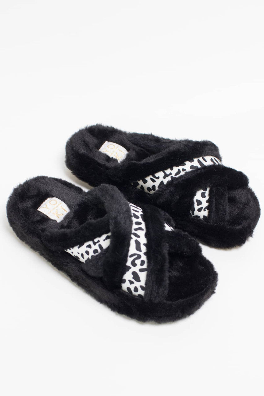 Black Fuzzy Cross Strap Slides