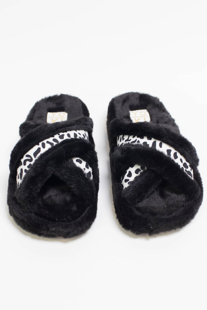 Black Fuzzy Cross Strap Slides