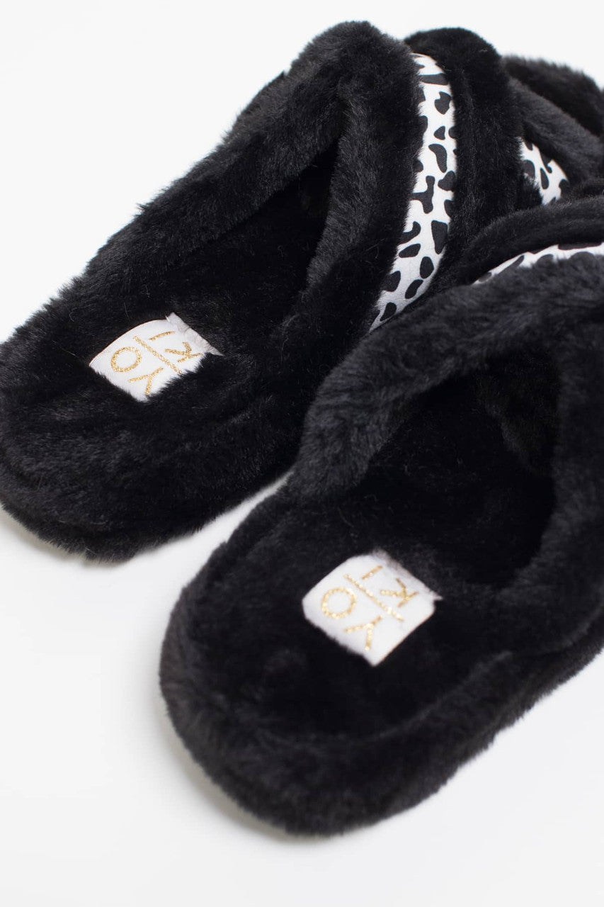 Black Fuzzy Cross Strap Slides