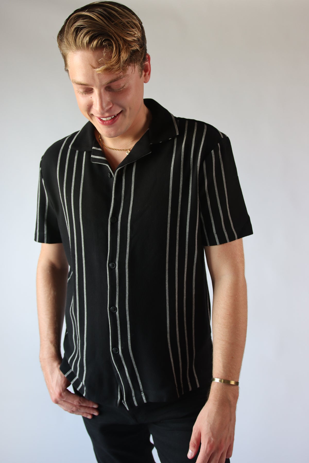 Black And White Striped Woven Button Up Shirt