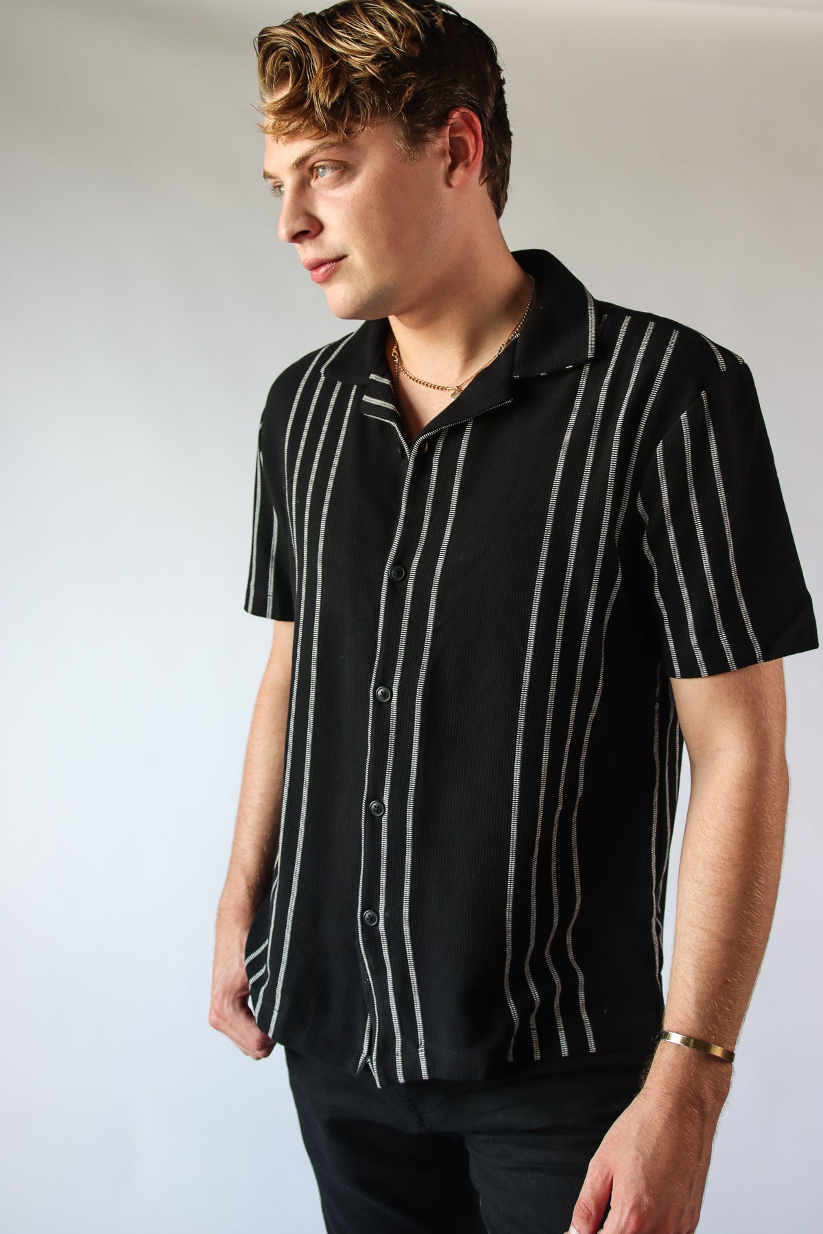 Black And White Striped Woven Button Up Shirt