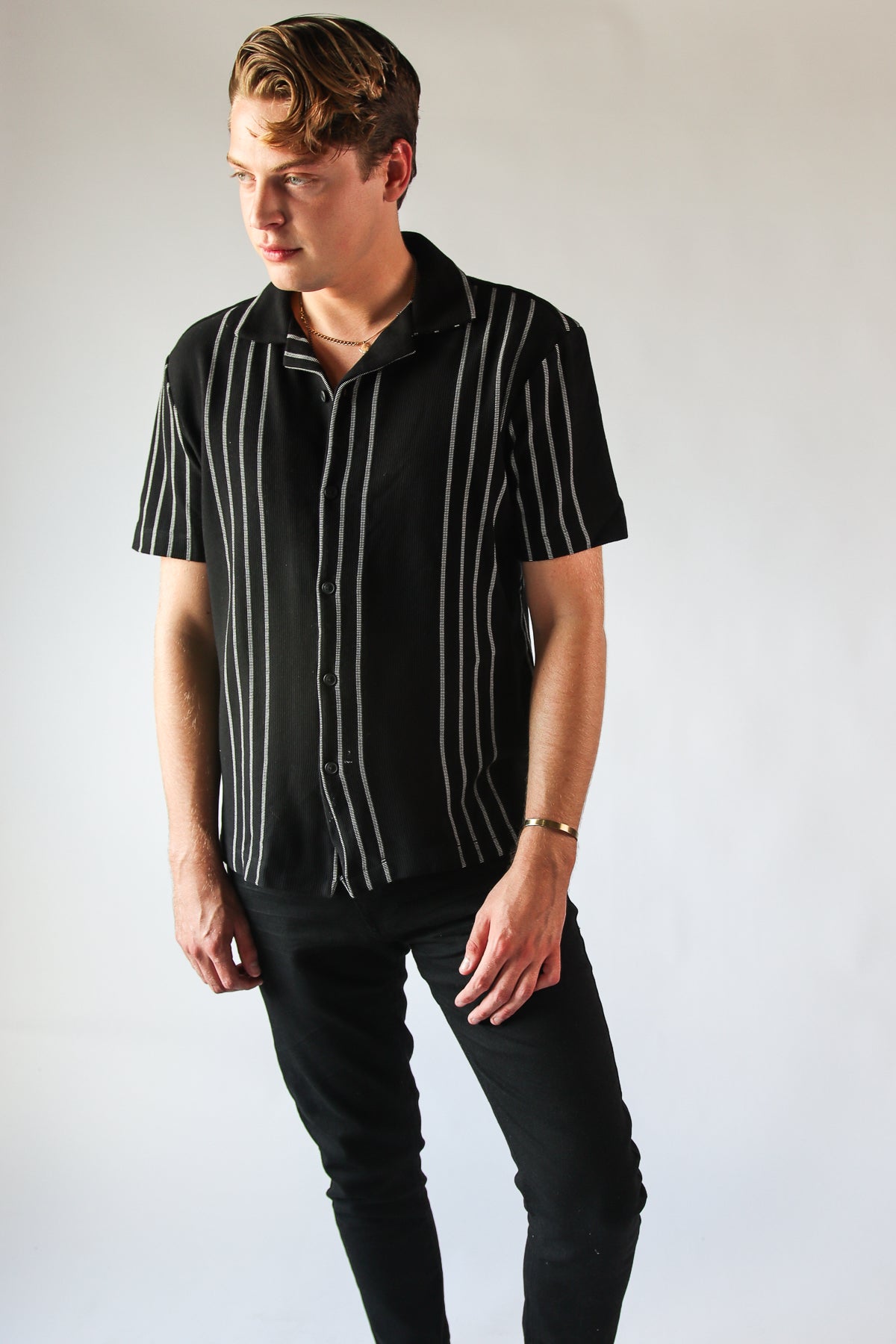 Black And White Striped Woven Button Up Shirt