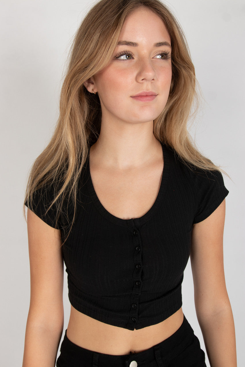 Black Button Down Crop Tee