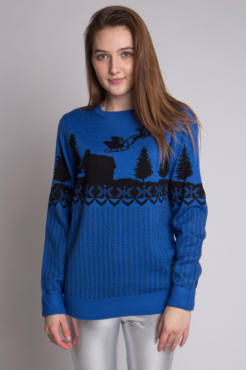 Blue Flying Santa Sweater