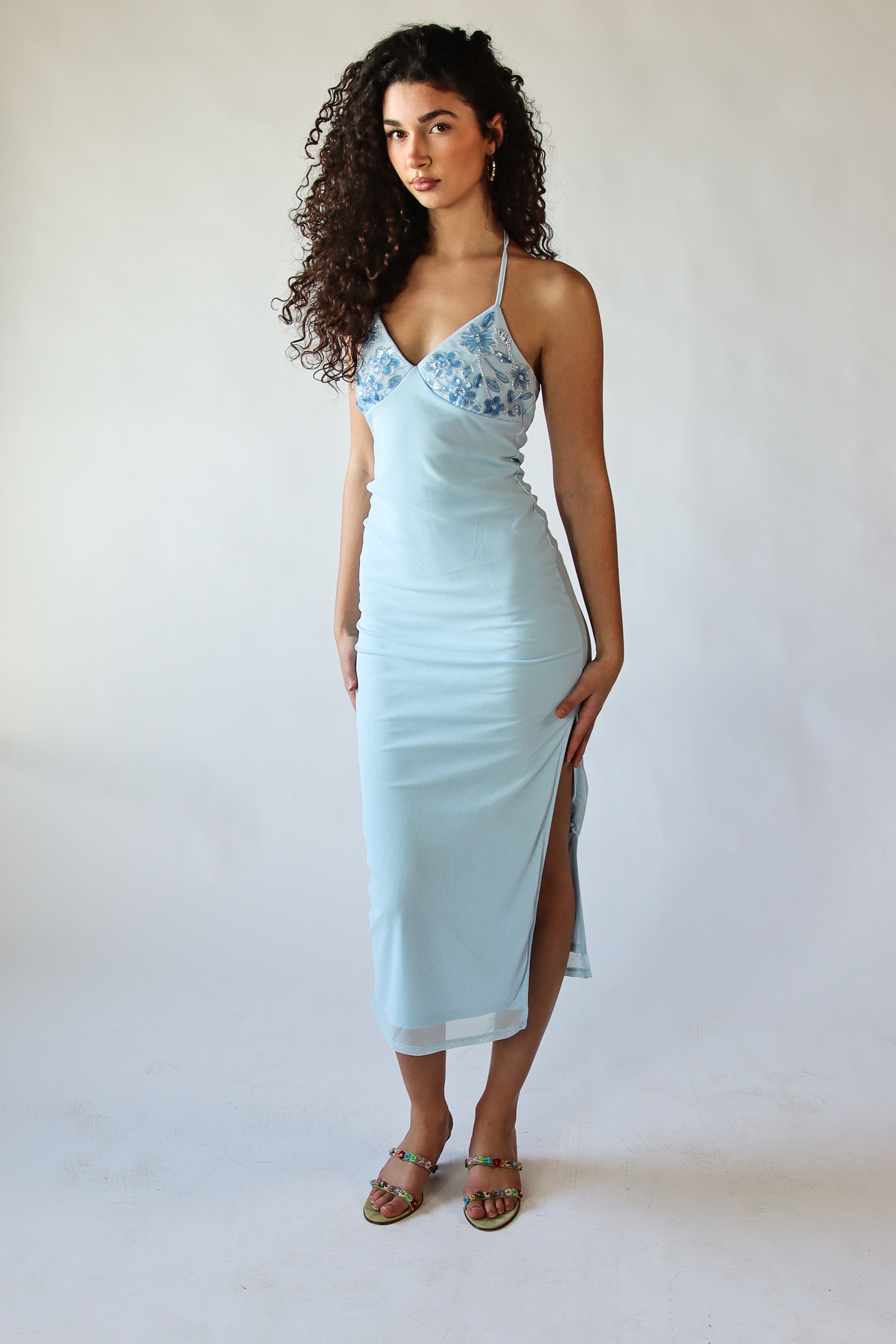 Sequin Beaded Halter Maxi Dress Blue