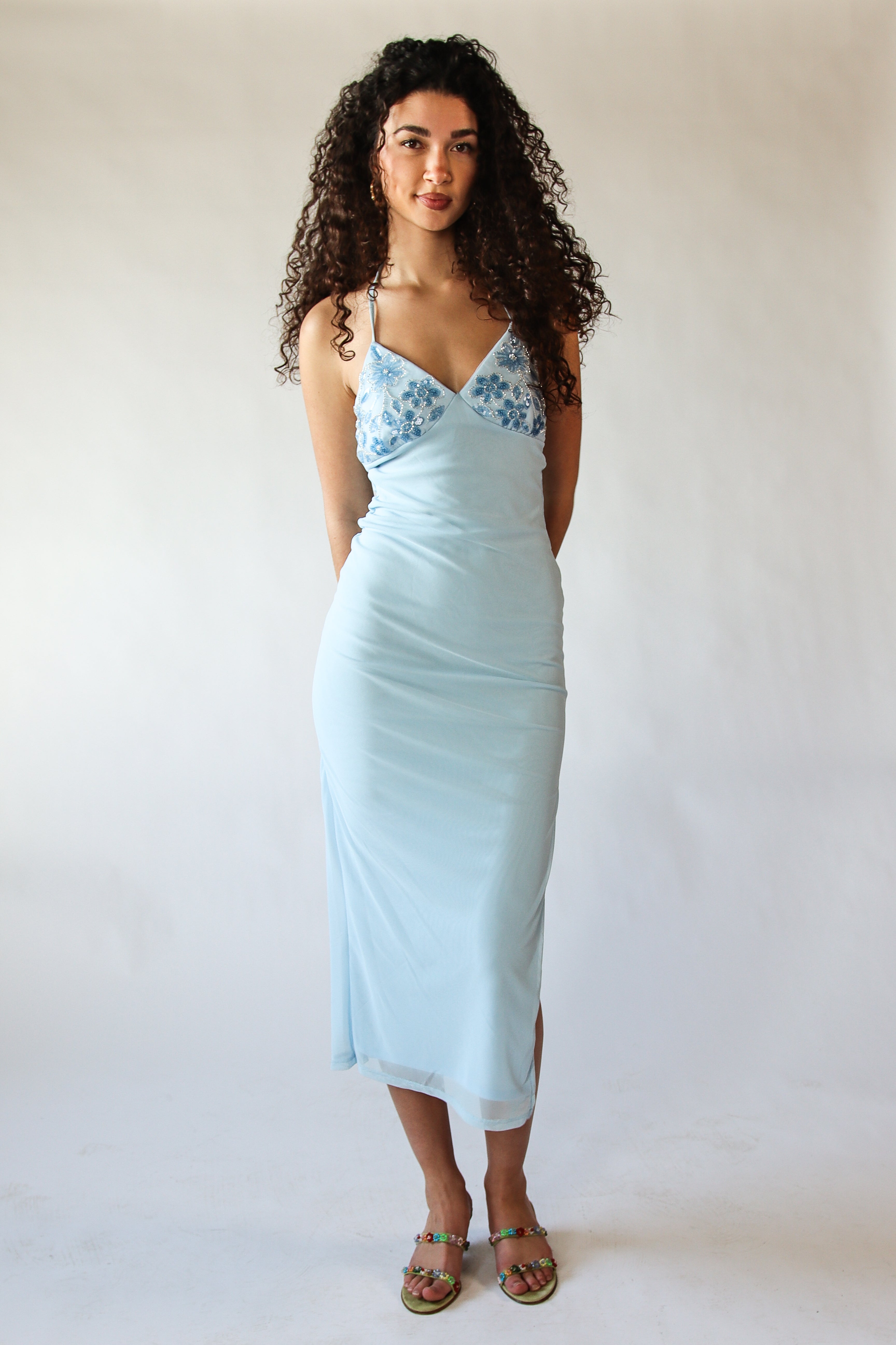 Sequin Beaded Halter Maxi Dress Blue