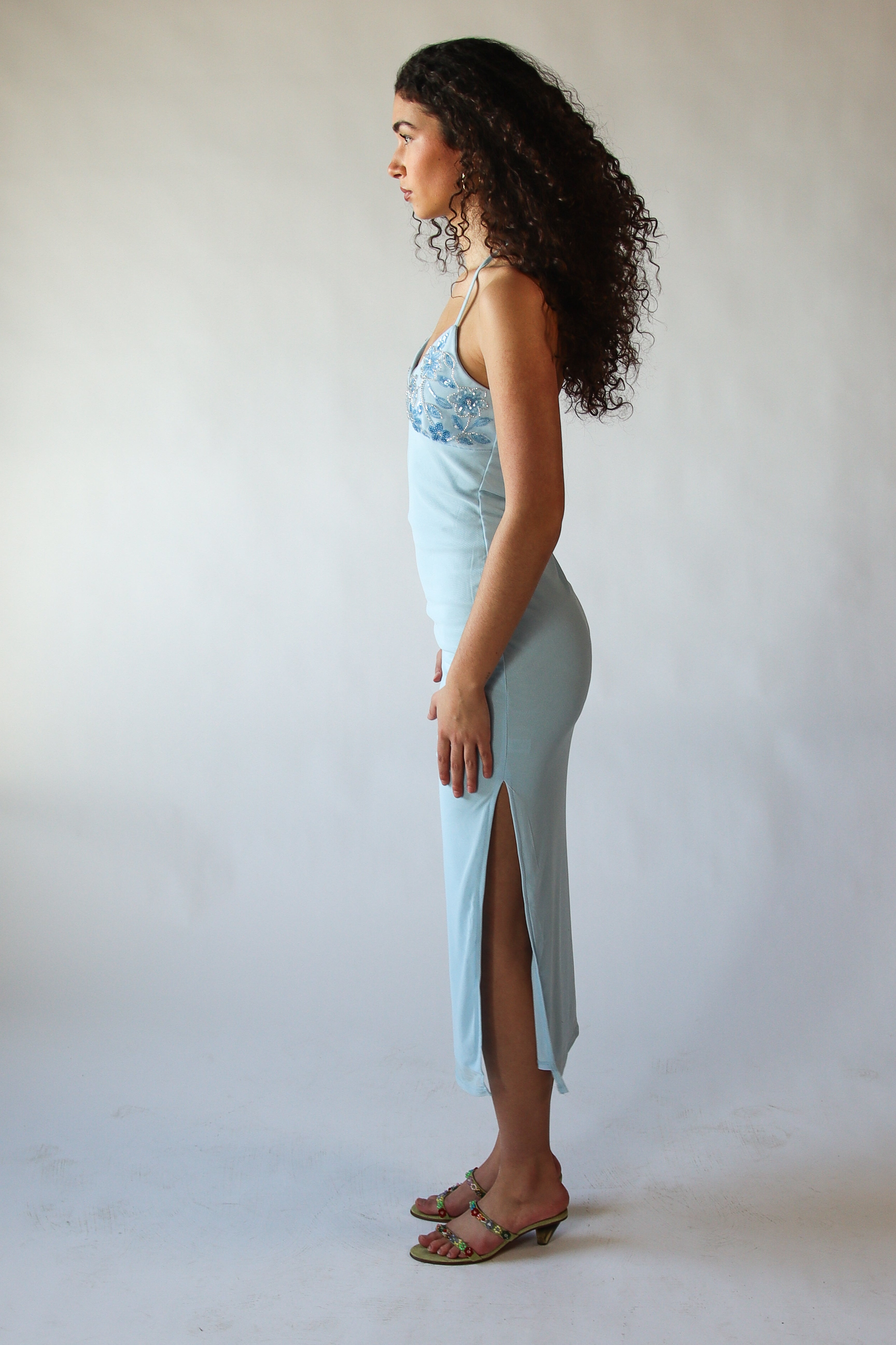 Sequin Beaded Halter Maxi Dress Blue