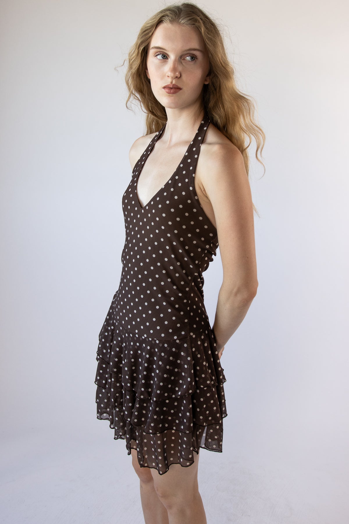 Brown Dot Halter Dress With Shorts