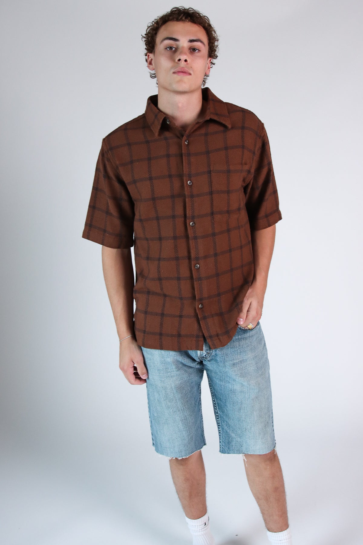 Brown Check Woven Knit Button Up Shirt