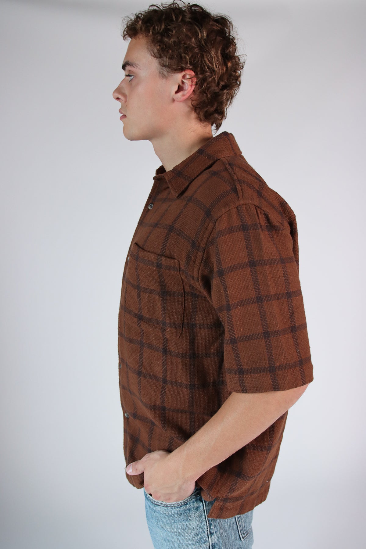 Brown Check Woven Knit Button Up Shirt