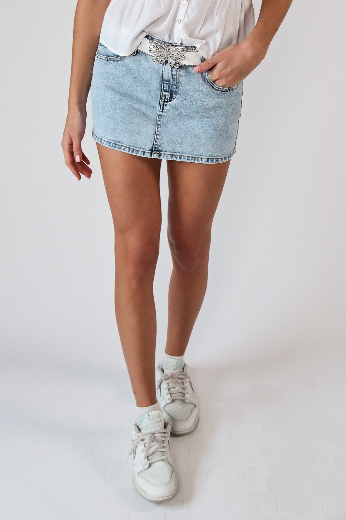 Butterfly Belt Denim Mini Skirt