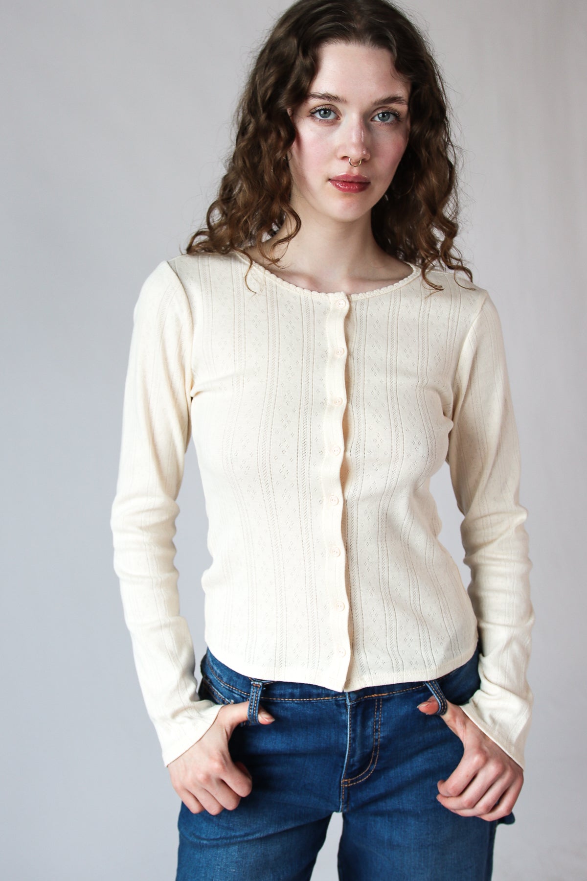 Button Down Pointelle Long Sleeve Shirt