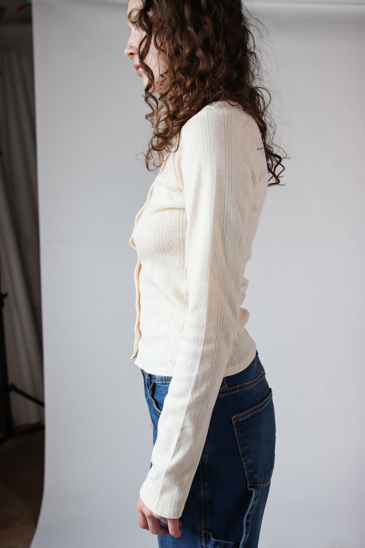 Button Down Pointelle Long Sleeve Shirt