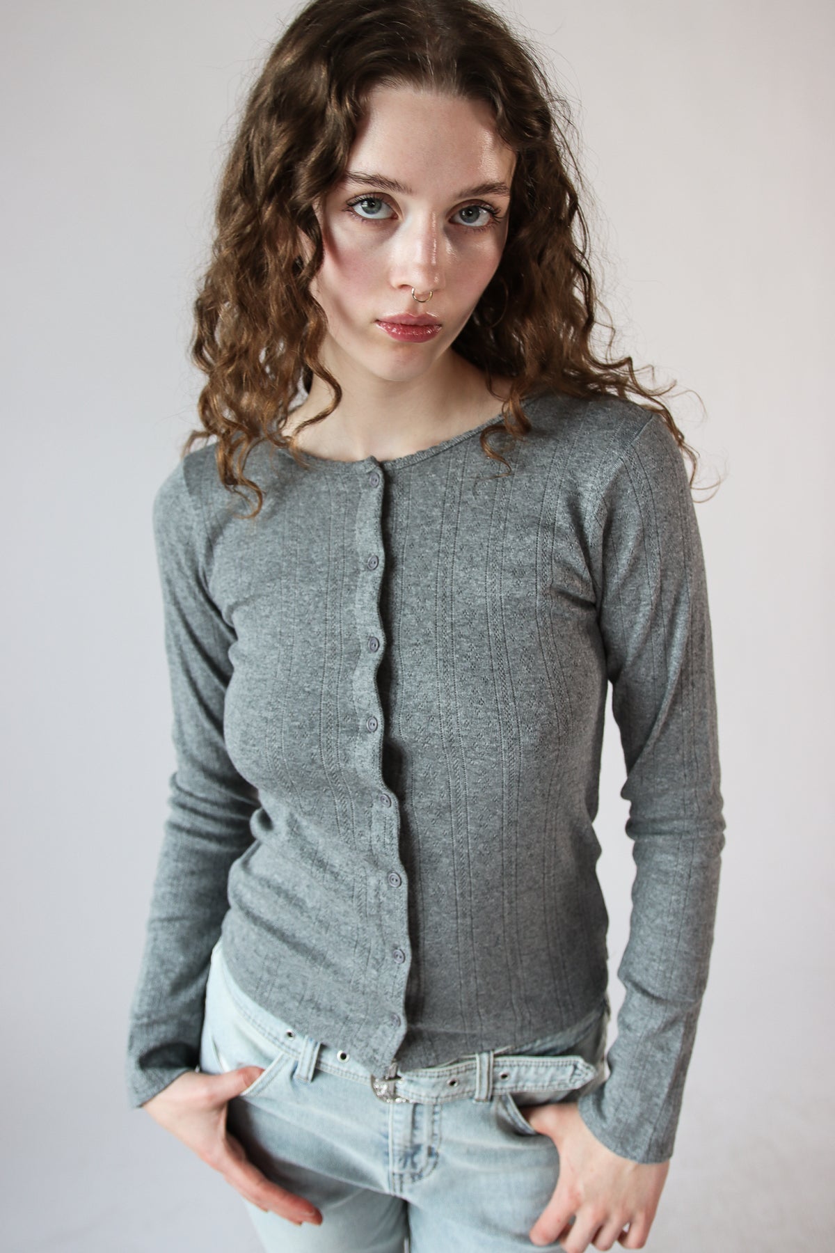 Button Down Pointelle Long Sleeve Shirt