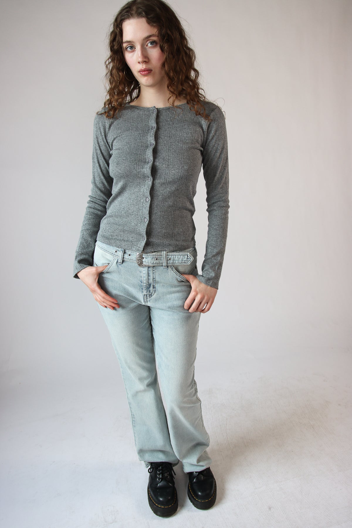 Button Down Pointelle Long Sleeve Shirt