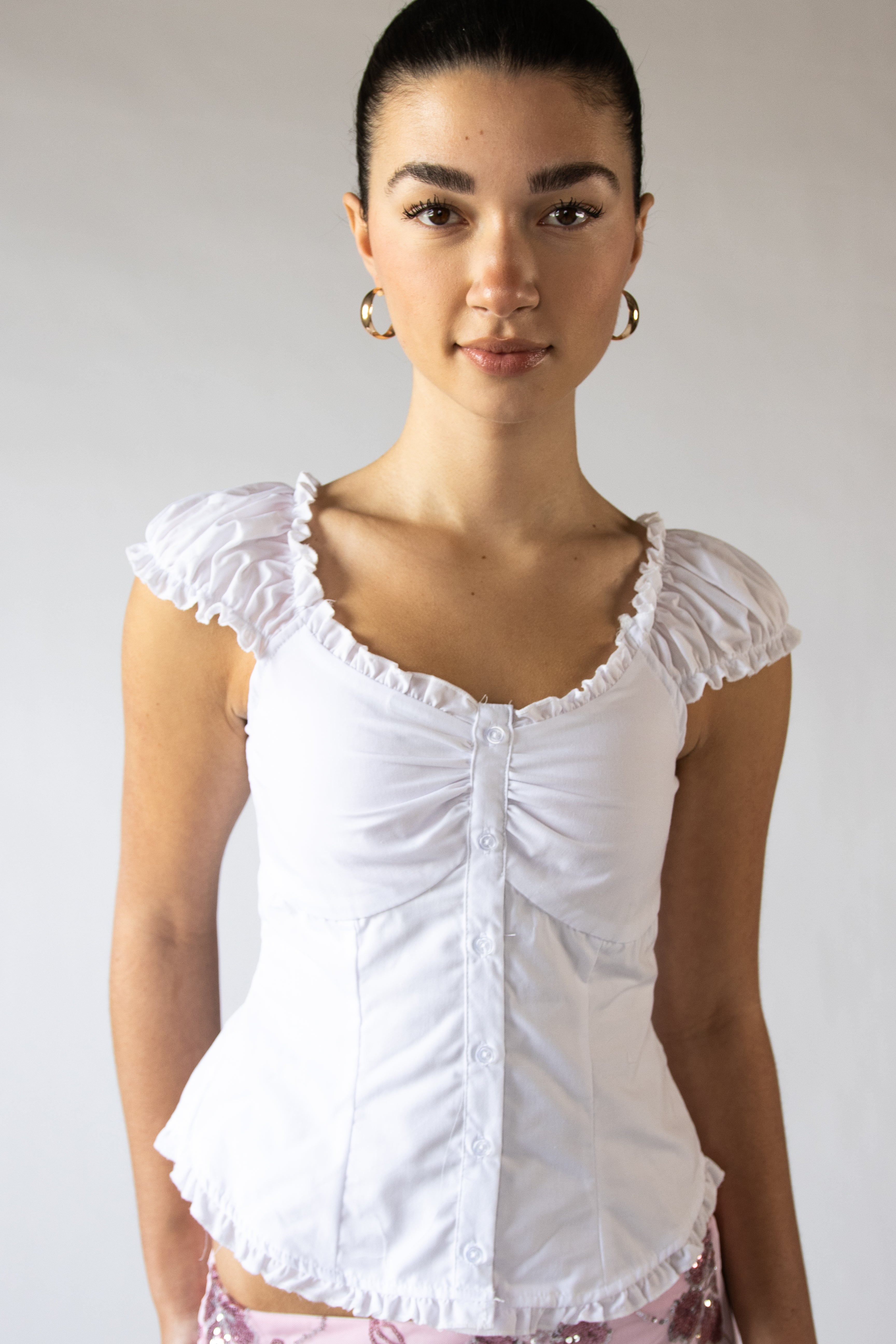 Cap Sleeve Ruffle Trim Button Up Top