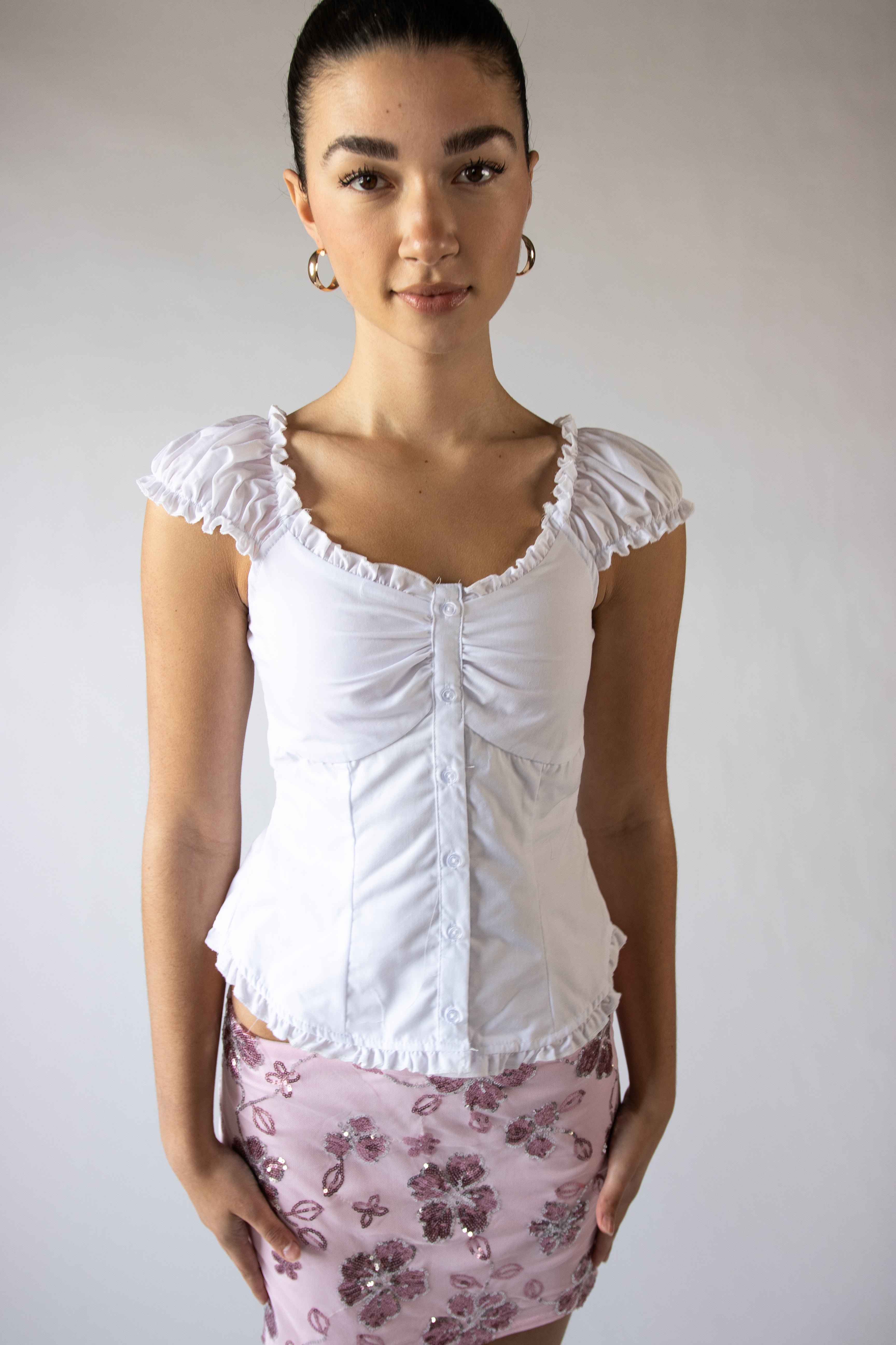 Cap Sleeve Ruffle Trim Button Up Top