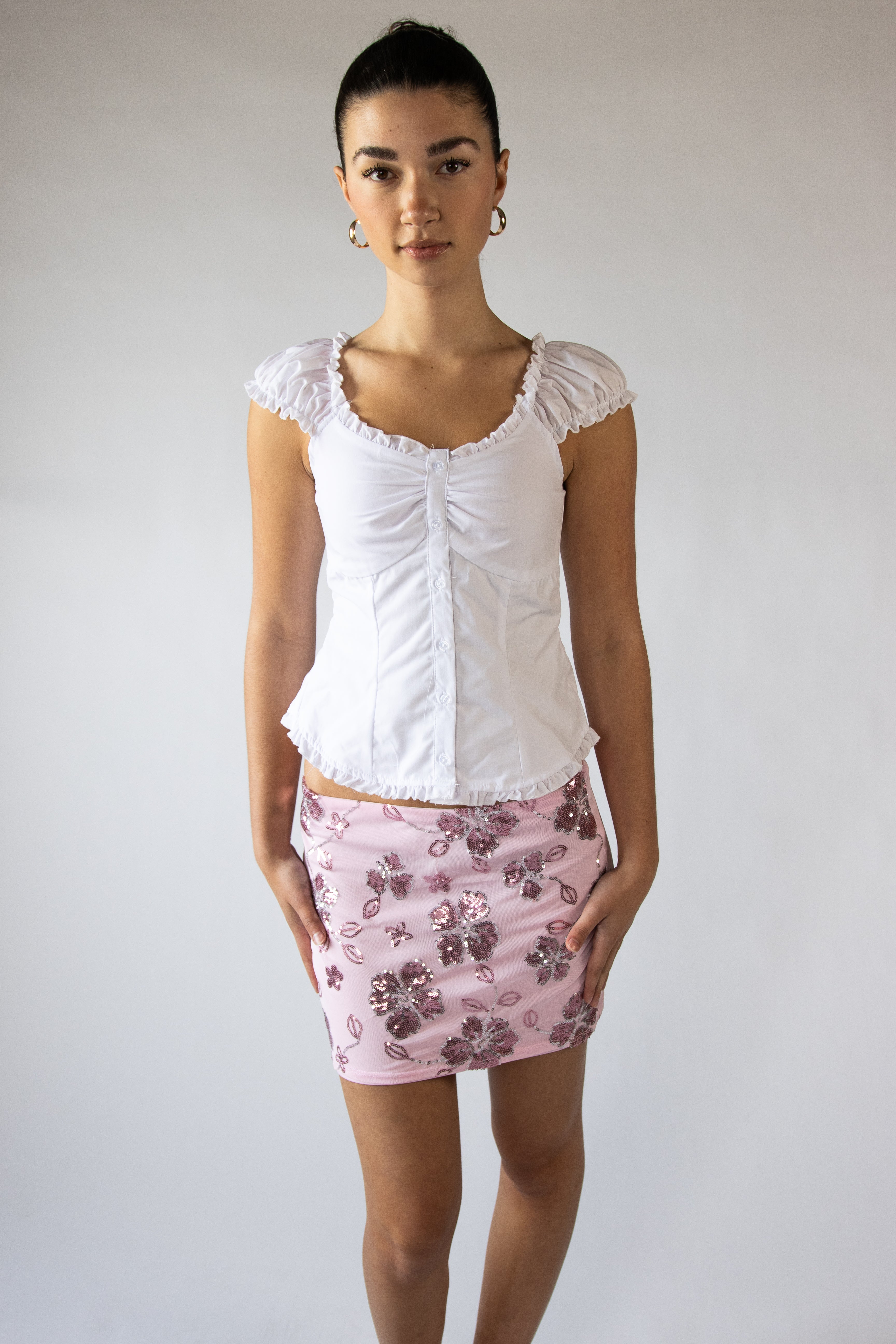 Cap Sleeve Ruffle Trim Button Up Top