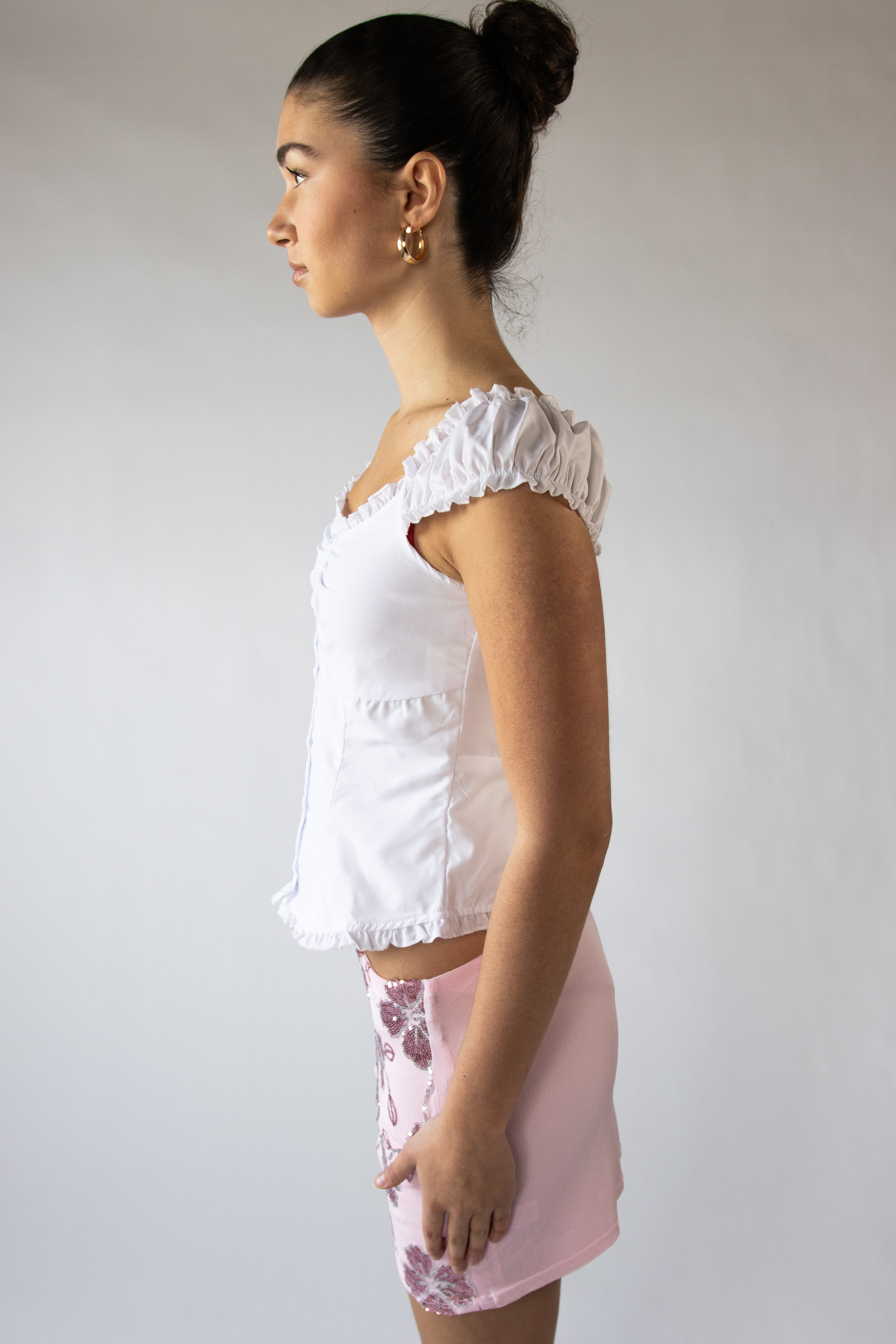 Cap Sleeve Ruffle Trim Button Up Top