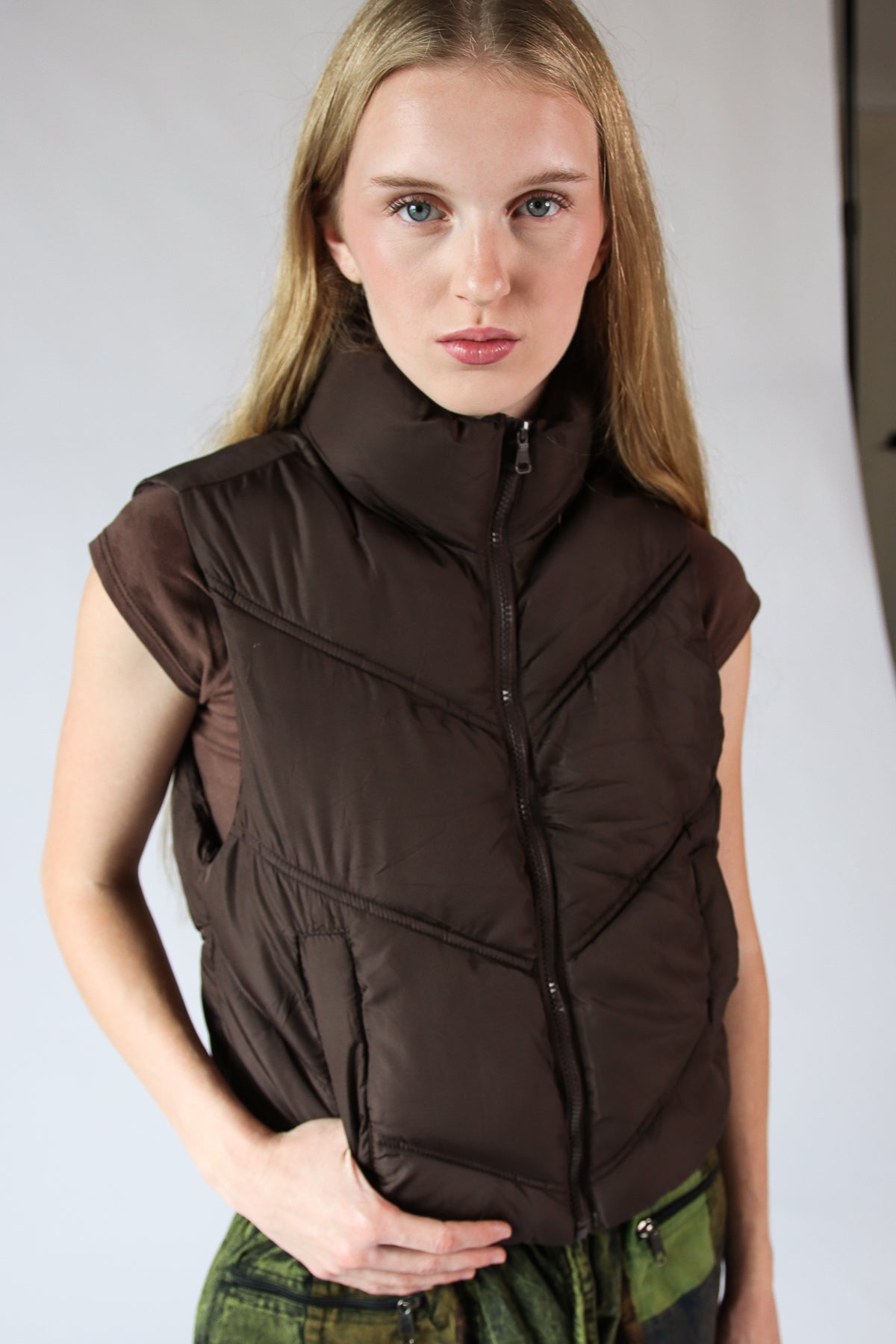 Chevron Puffer Vest Brown