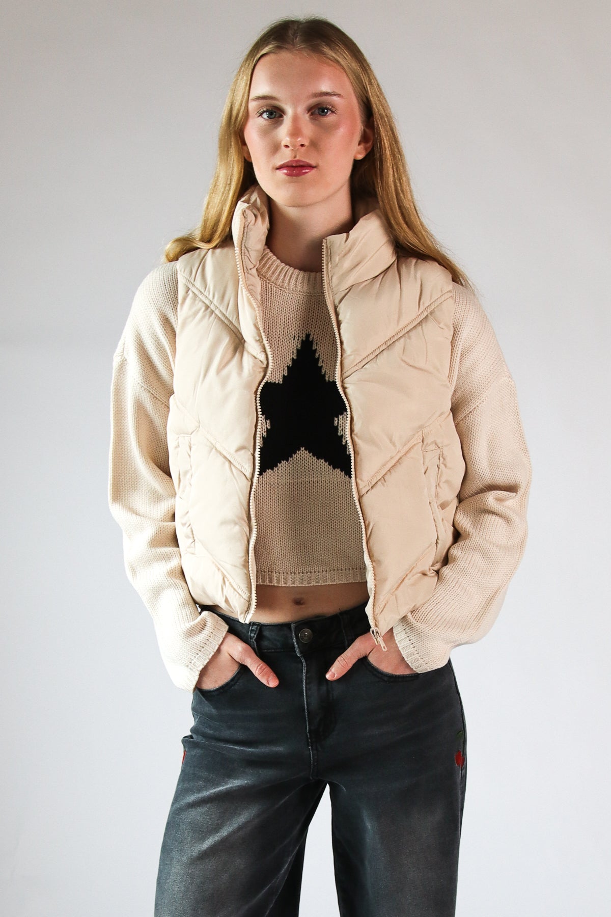 Chevron Puffer Vest Beige