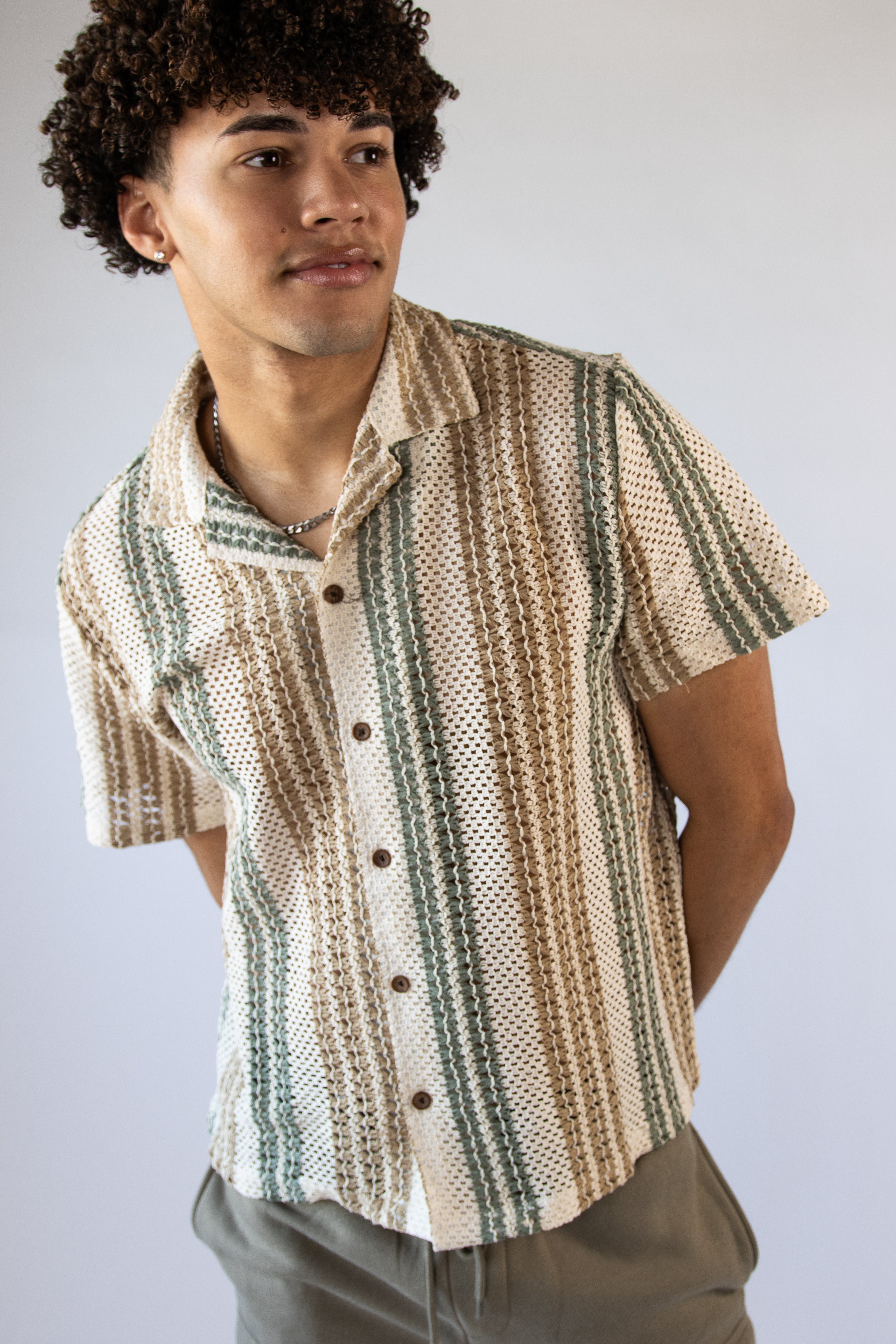 Crochet Striped Button Up Shirt