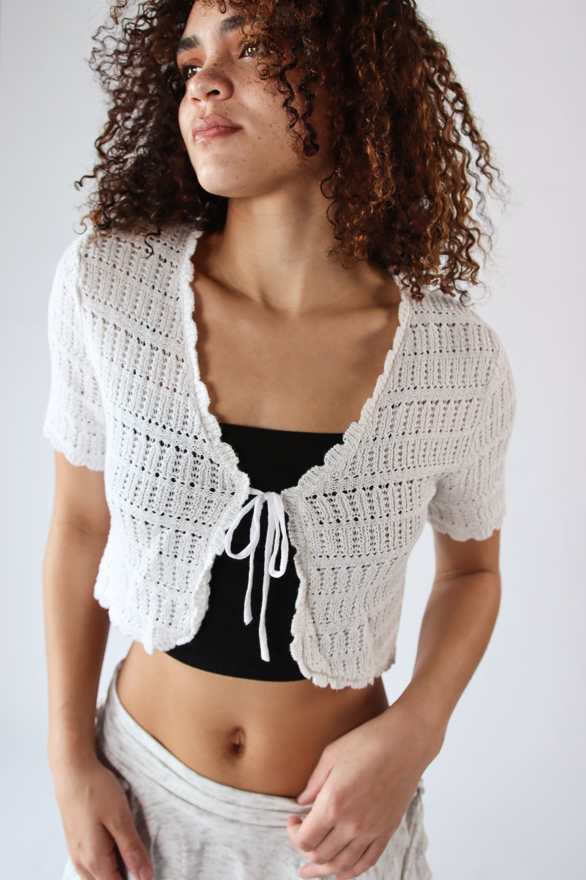 Tie Front Pointelle Crochet Top
