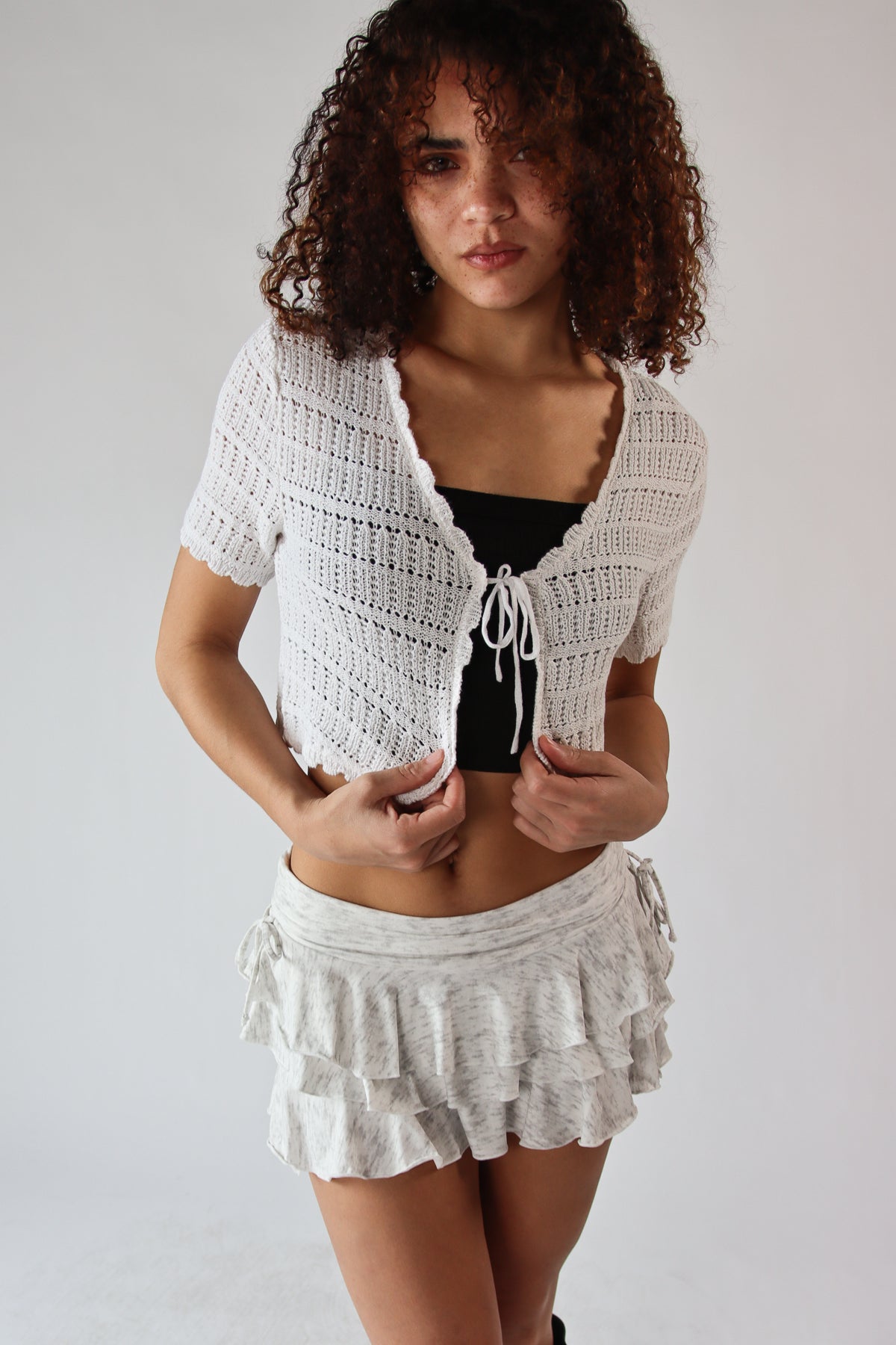 Tie Front Pointelle Crochet Top