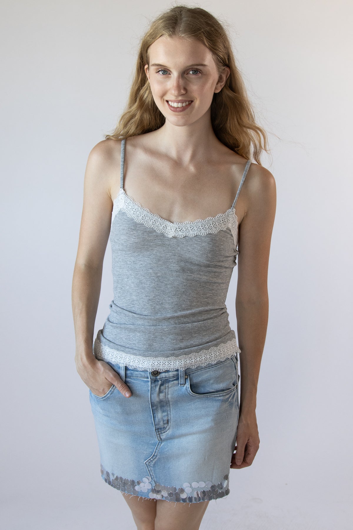 Round Sequin Trim Denim Skirt
