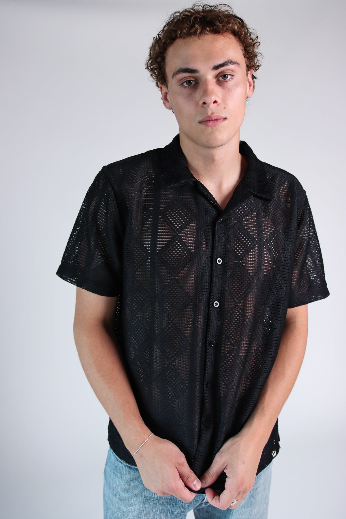 Diamond Open Weave Button Up