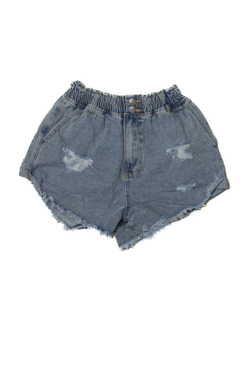 Elastic Waist Distressed Denim Shorts
