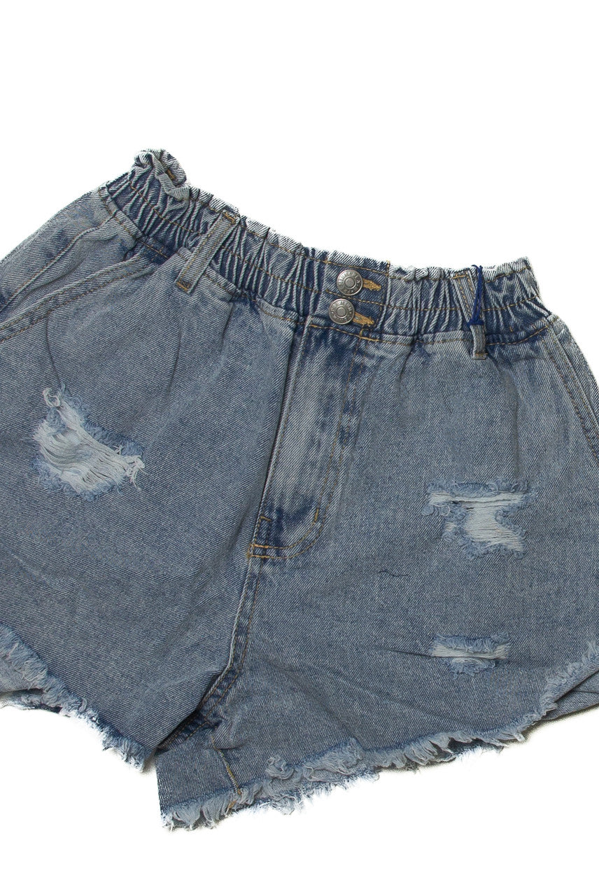 Elastic Waist Distressed Denim Shorts