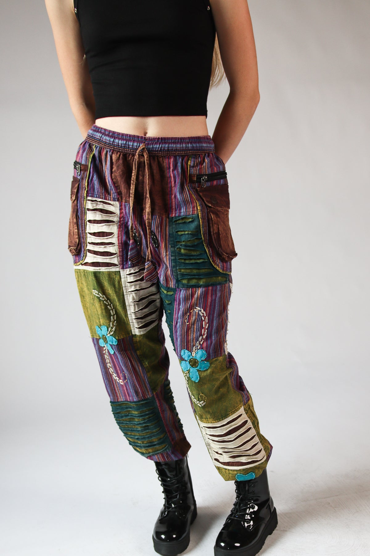 Distressed Embroidered Flower Patchwork Pants