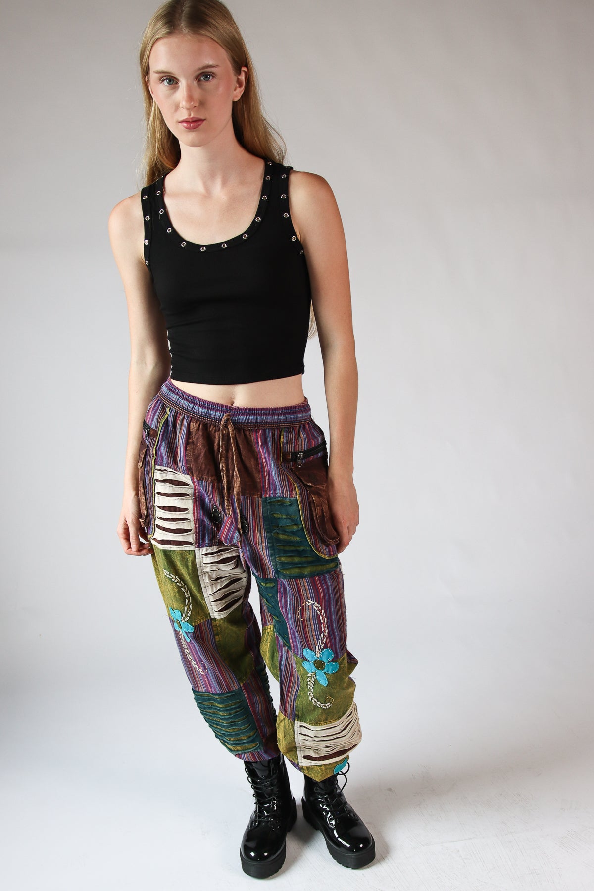 Distressed Embroidered Flower Patchwork Pants