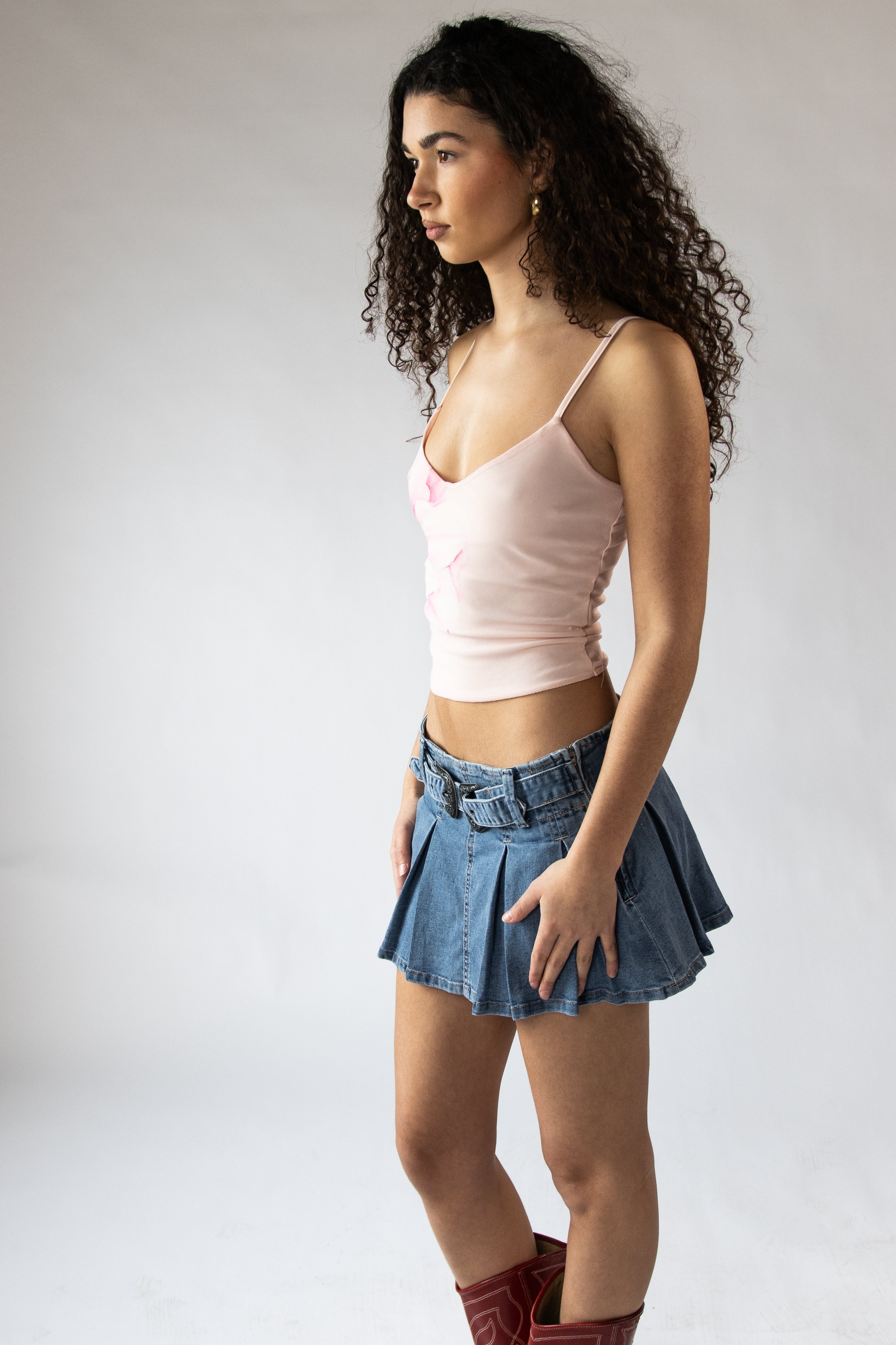 Double Buckle Belted Denim Mini Skort